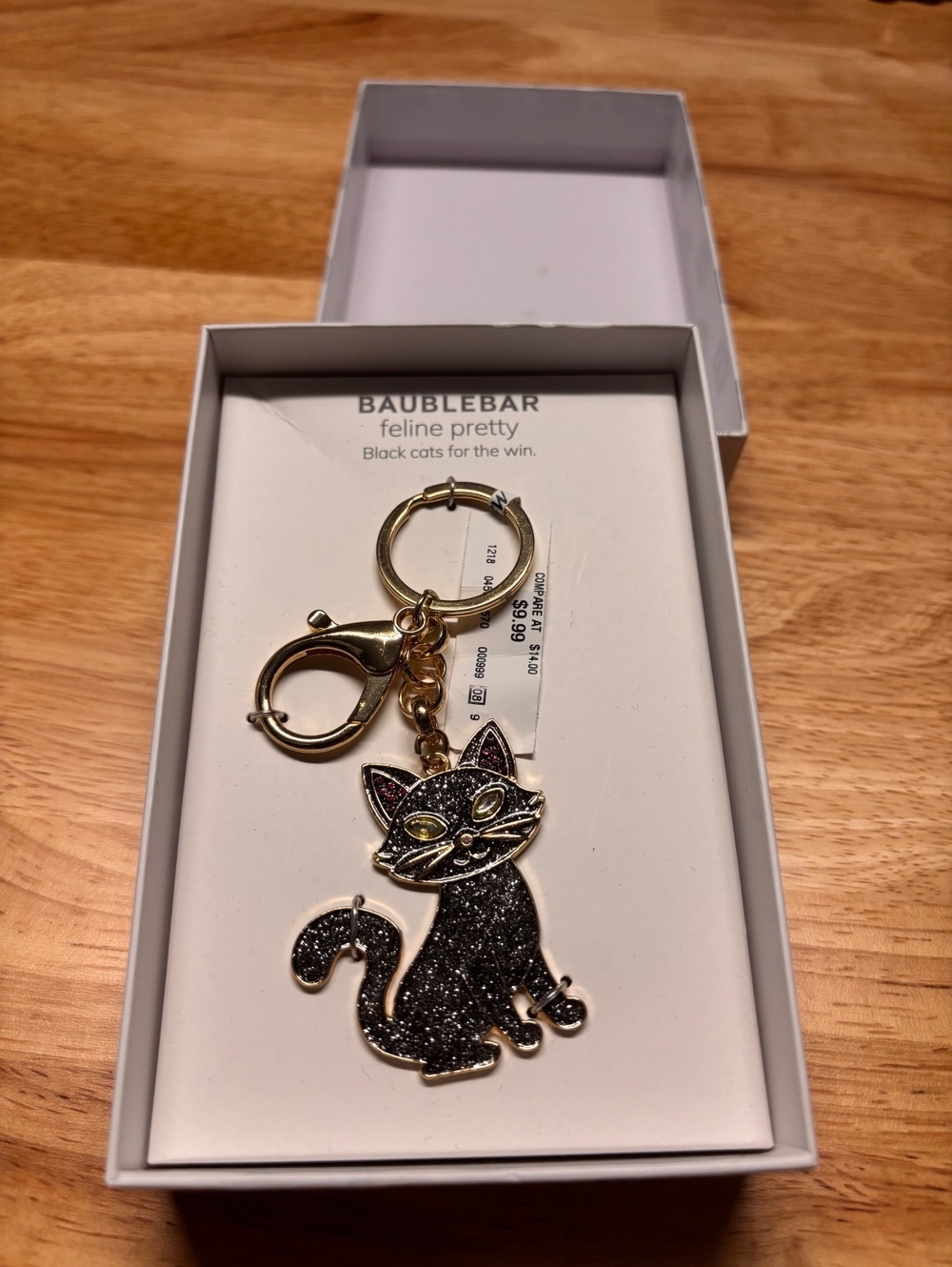 BaubleBar Black Cat Keychain Charm with Gold Tone Hardware in Gift Box